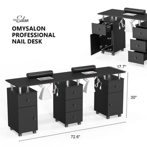 Omysalon MT-DS Double Manicure Table w/2 Electric Dust Collectors & Wrist Rest & 5 Drawers 2 Cabinets 3 open Spaces