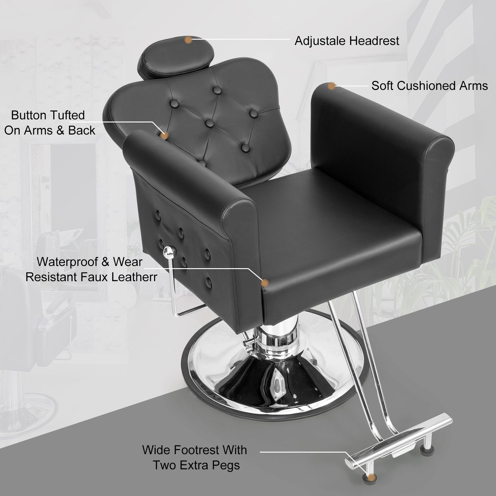 OmySalon SC2711 All Purpose Heavy Duty Hydraulic Reclining Hair Stylist Salon Chair w/Headrest and Button Tufting Curved Backrest