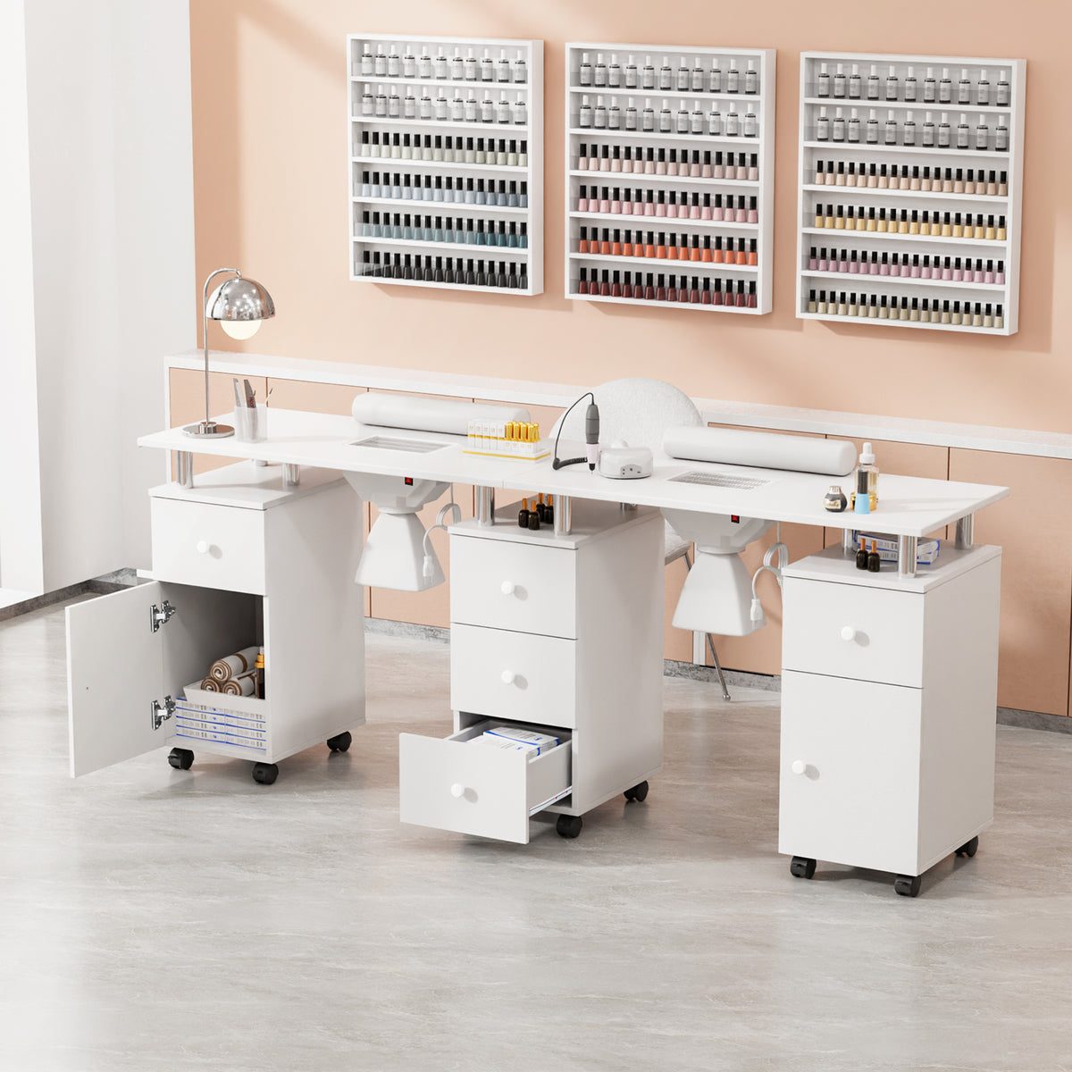 Omysalon MT-DS Double Manicure Table w/2 Electric Dust Collectors & Wrist Rest & 5 Drawers 2 Cabinets 3 open Spaces