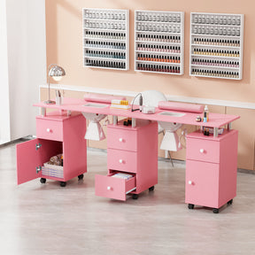 Omysalon MT-DS Double Manicure Table w/2 Electric Dust Collectors & Wrist Rest & 5 Drawers 2 Cabinets 3 open Spaces