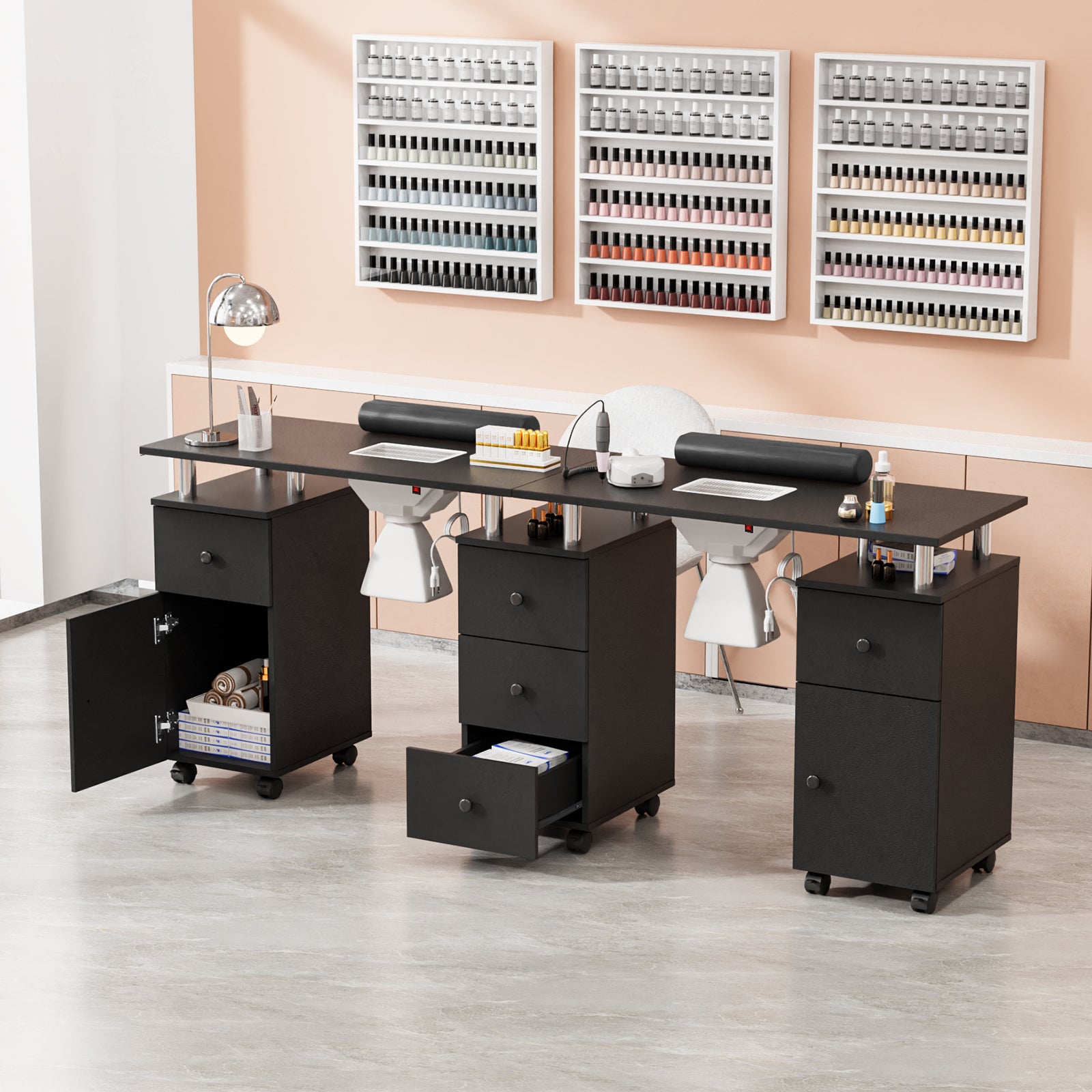 Omysalon MT-DS Double Manicure Table w/2 Electric Dust Collectors & Wrist Rest & 5 Drawers 2 Cabinets 3 open Spaces