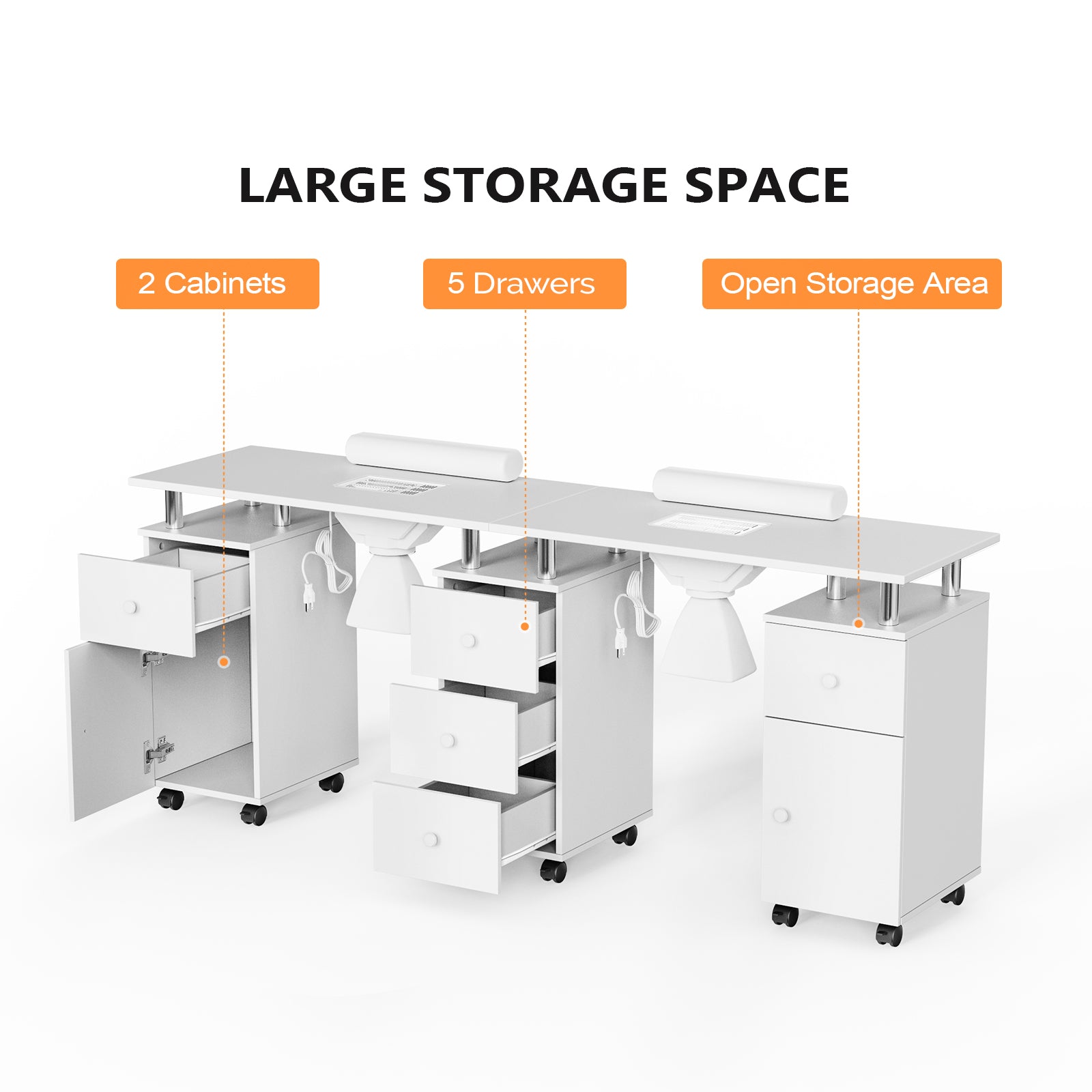 Omysalon MT-DS Double Manicure Table w/2 Electric Dust Collectors & Wrist Rest & 5 Drawers 2 Cabinets 3 open Spaces