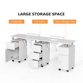 Omysalon MT-DS Double Manicure Table w/2 Electric Dust Collectors & Wrist Rest & 5 Drawers 2 Cabinets 3 open Spaces