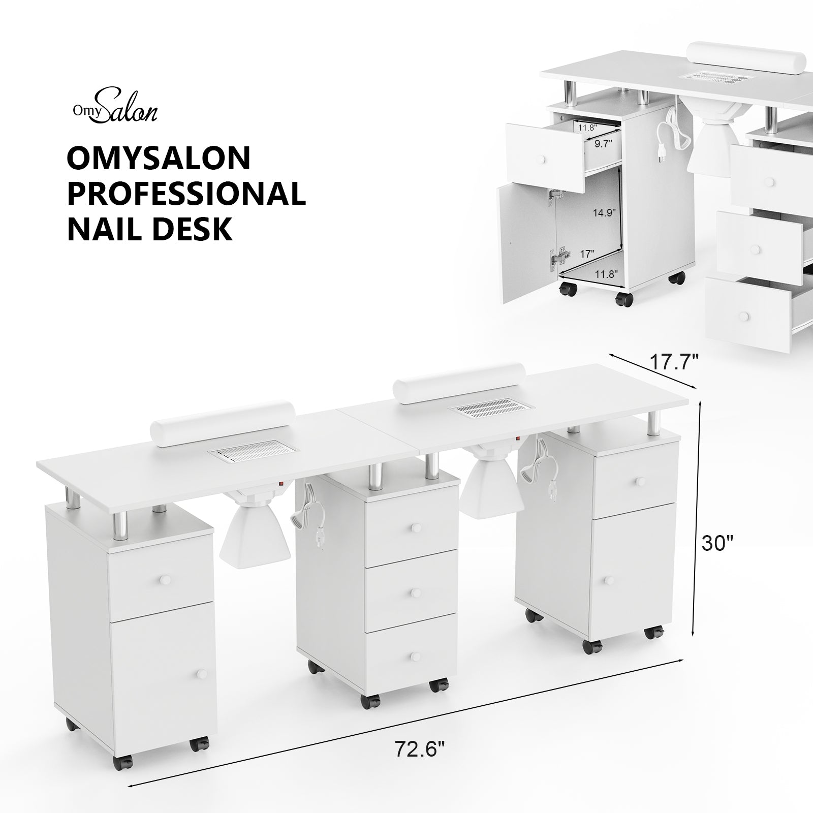 Omysalon MT-DS Double Manicure Table w/2 Electric Dust Collectors & Wrist Rest & 5 Drawers 2 Cabinets 3 open Spaces