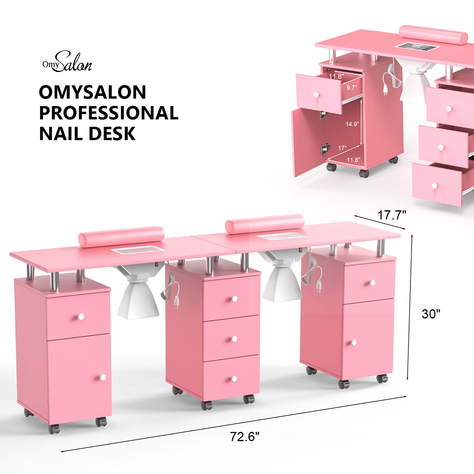 Omysalon MT-DS Double Manicure Table w/2 Electric Dust Collectors & Wrist Rest & 5 Drawers 2 Cabinets 3 open Spaces