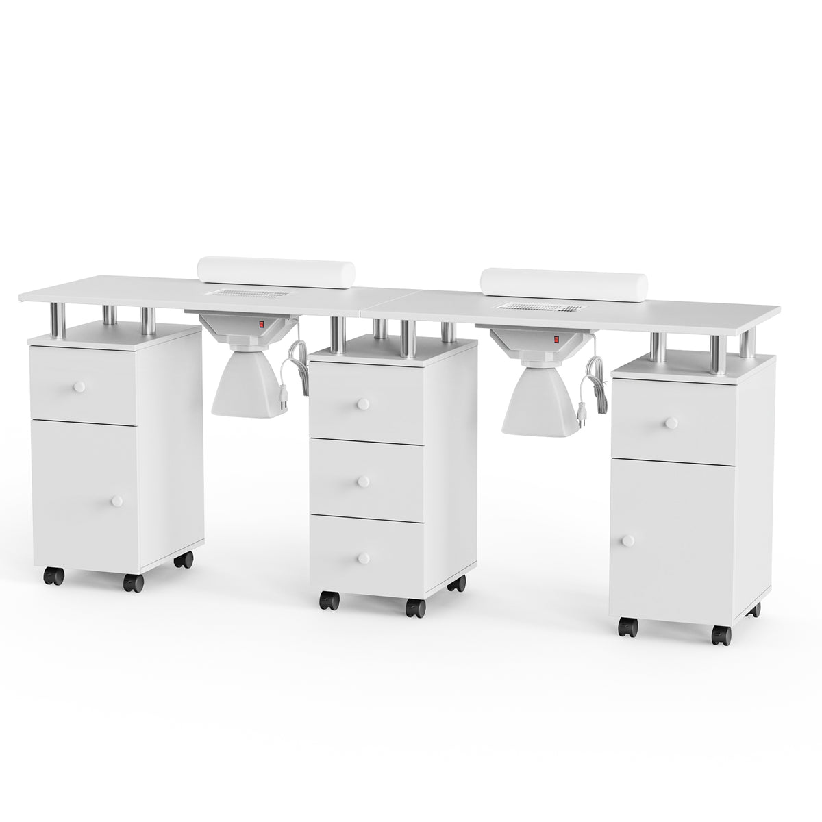 Omysalon MT-DS Double Manicure Table w/2 Electric Dust Collectors & Wrist Rest & 5 Drawers 2 Cabinets 3 open Spaces