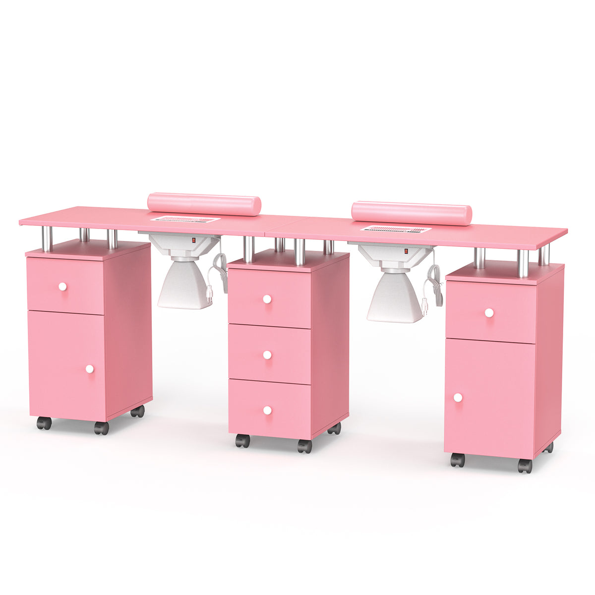 Omysalon MT-DS Double Manicure Table w/2 Electric Dust Collectors & Wrist Rest & 5 Drawers 2 Cabinets 3 open Spaces