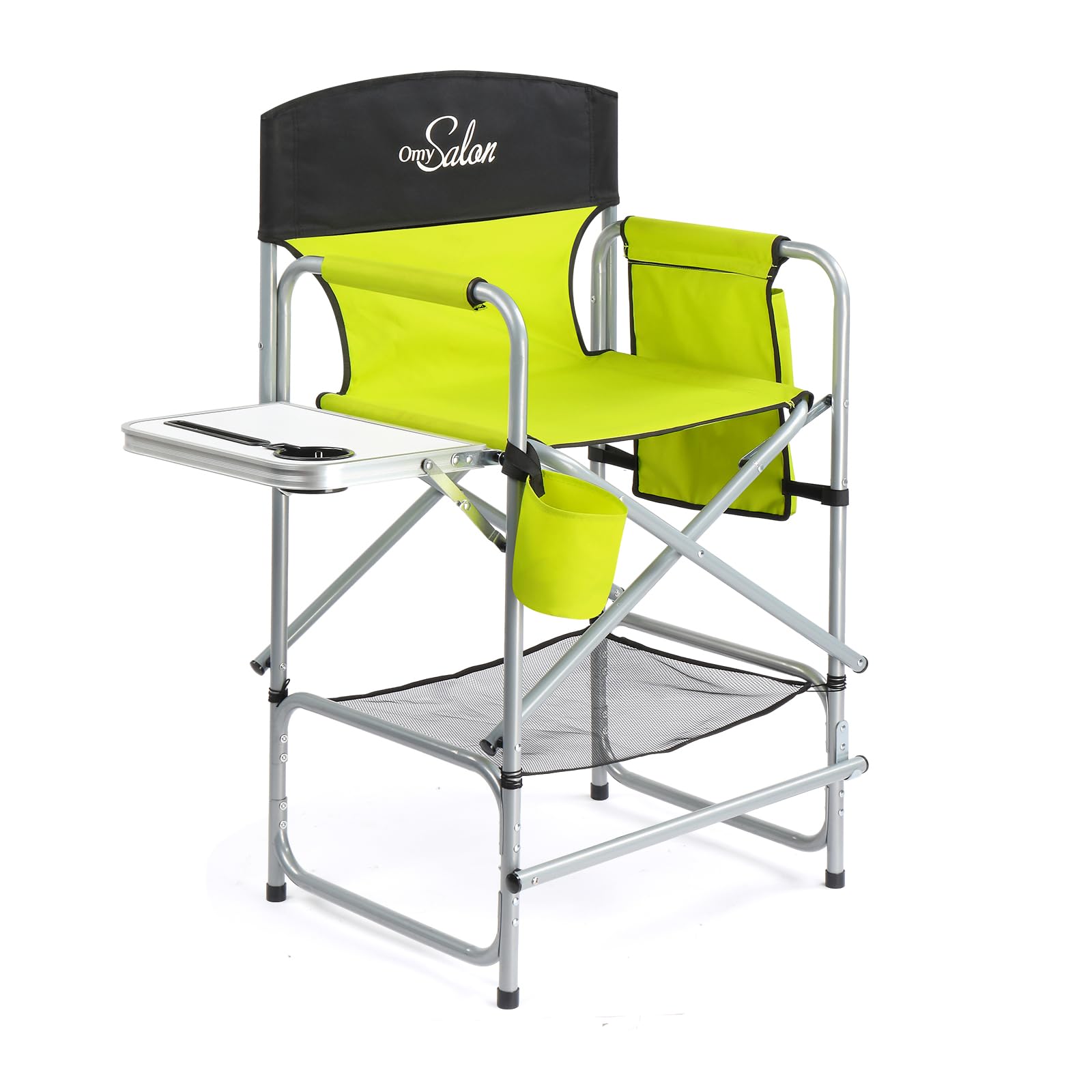 OmySalon 25in Portable Folding Director Chair with Retractable Side Tables & Side Bags