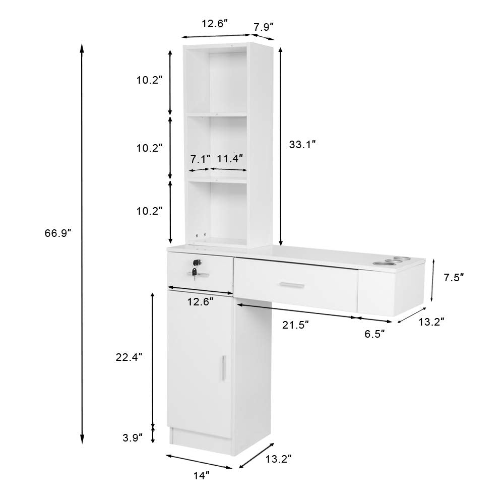 OmySalon HSC-06 Wall Mount Barber Station w/2 Drawers 1 Storage Cabinet 3 Open Shelves