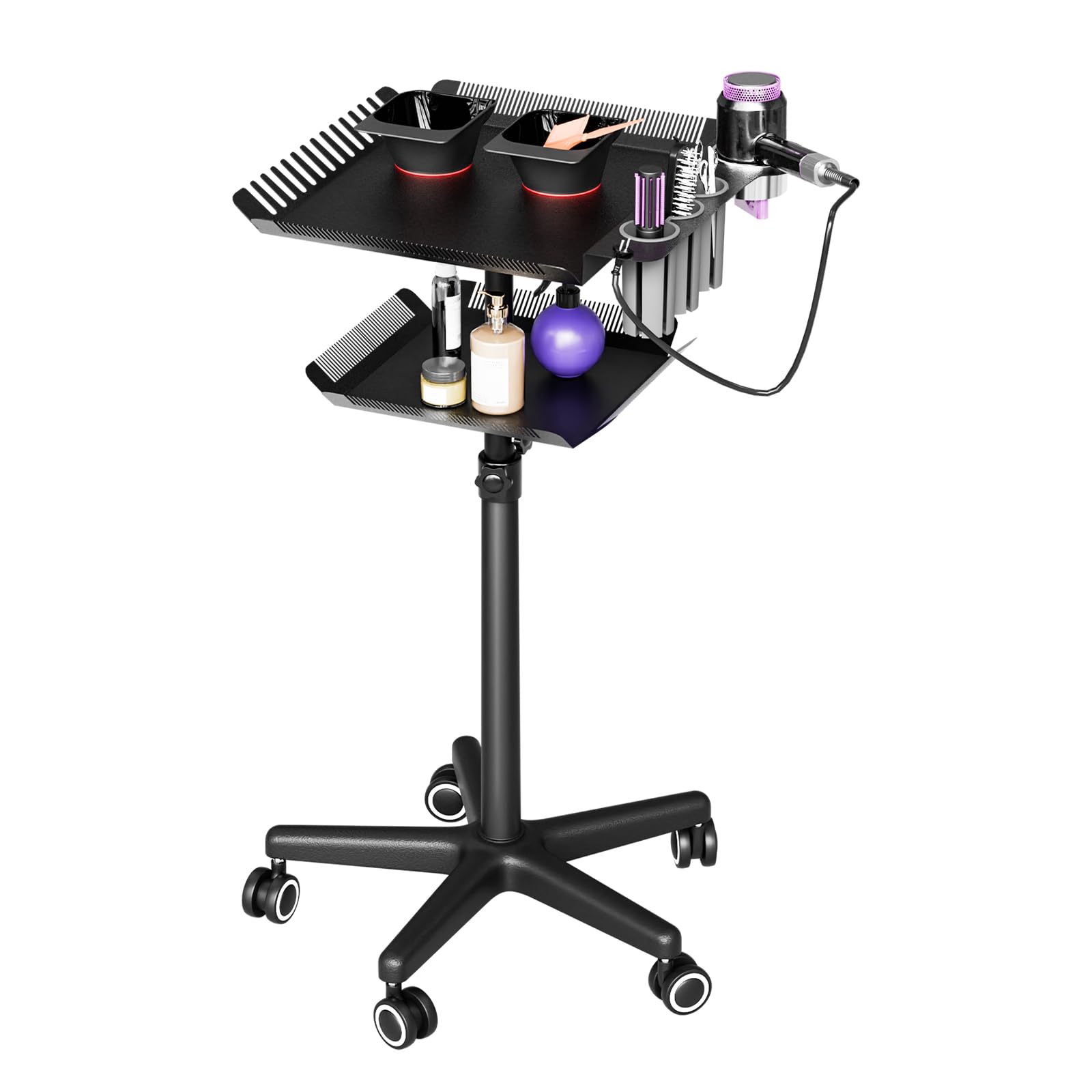 OmySalon Mobile Hair Extension Stand & Hair Color Tool Tray Trolley Cart w/Wheels & 2 Magnetic Color Bowls