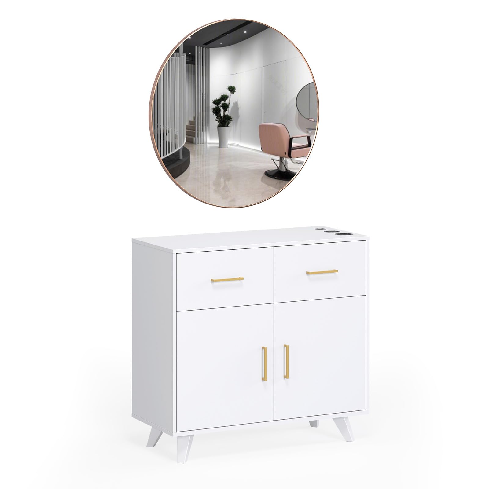 OmySalon HSCRM Salon Styling Storage Station w/Round Mirror & 2 Drawers 1 Cabinet 3 Hair Dryer Holders