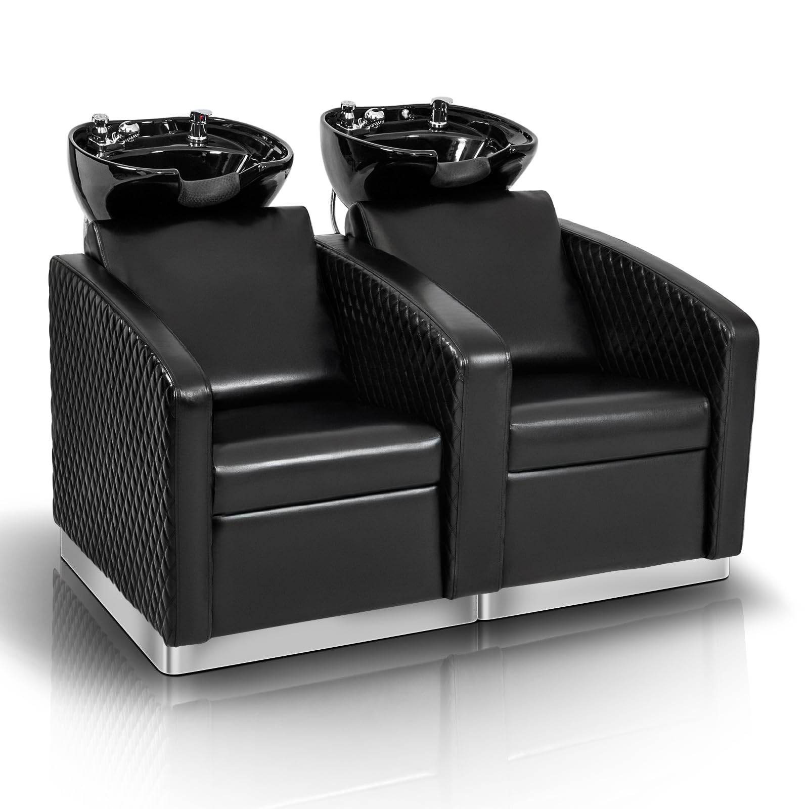 OmySalon BU1911 2-Seater Shampoo Bowl and Chair Backwash Unit with 2 Large Ceramic Sinks & Stainless Steel Base