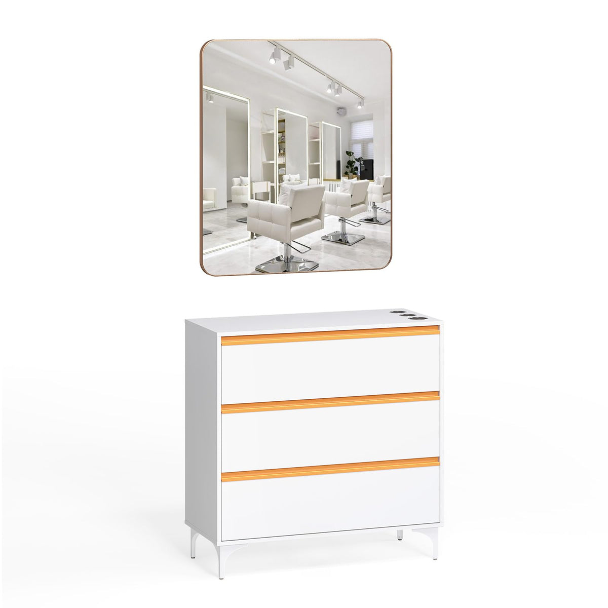 OmySalon HSCSM Salon Styling Storage Station w/Square Mirror & 3 Drawers 3 Hair Dryer Holders