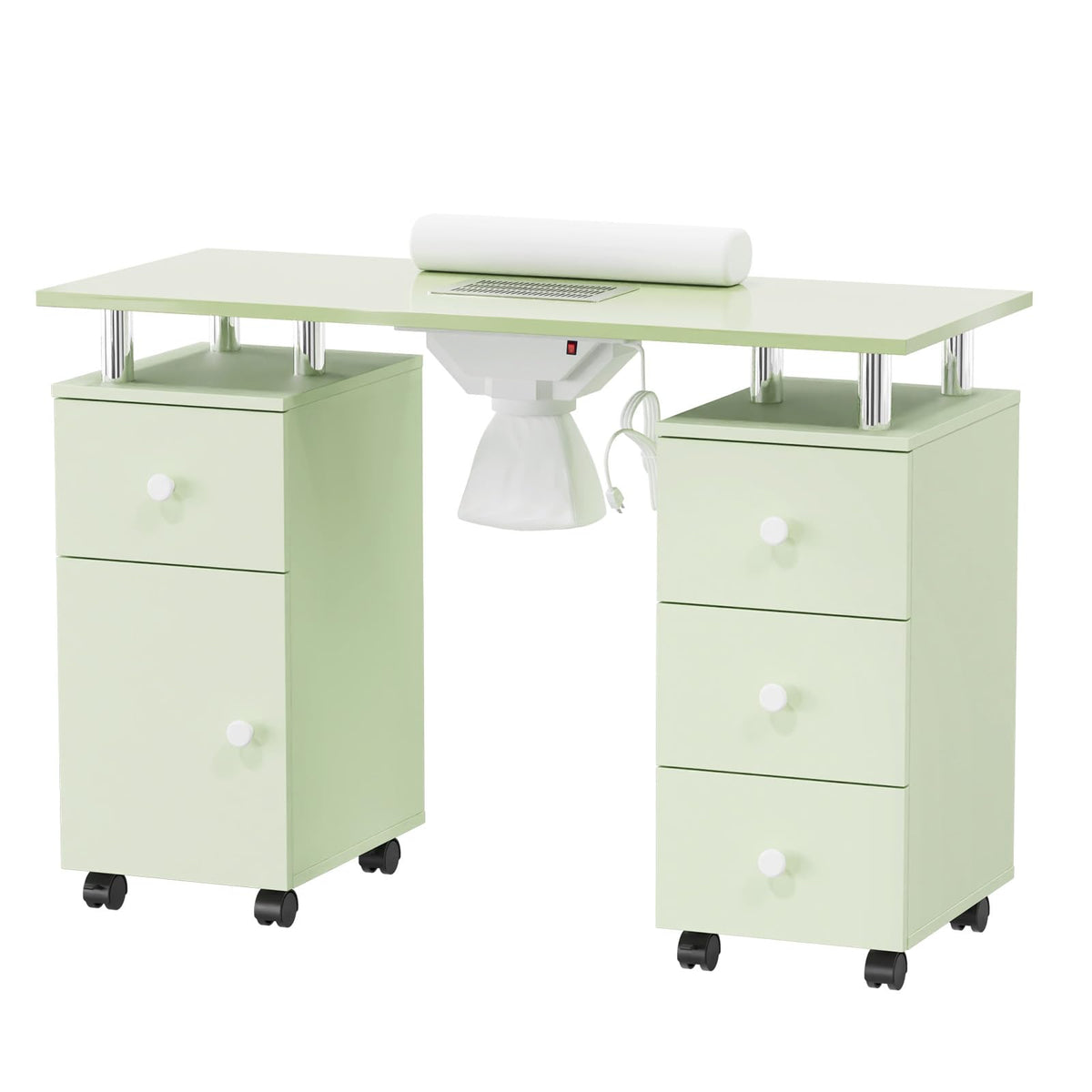 Omysalon MT-DC Nail Manicure Table w/Electric Dust Collector & Wrist Rest & 2 Open Spaces 1 Side Cabinet 4 Drawers