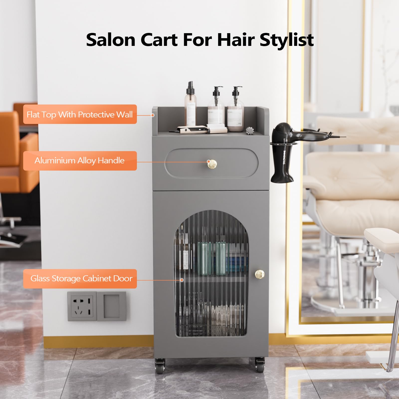 OmySalon WSTC Wooden Mobile Salon Trolley Cart w/Wheels & Glass Door & Dryer Holder