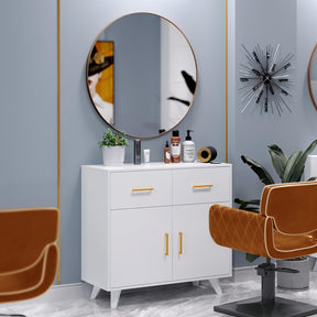 OmySalon HSCRM Salon Styling Storage Station w/Round Mirror & 2 Drawers 1 Cabinet 3 Hair Dryer Holders