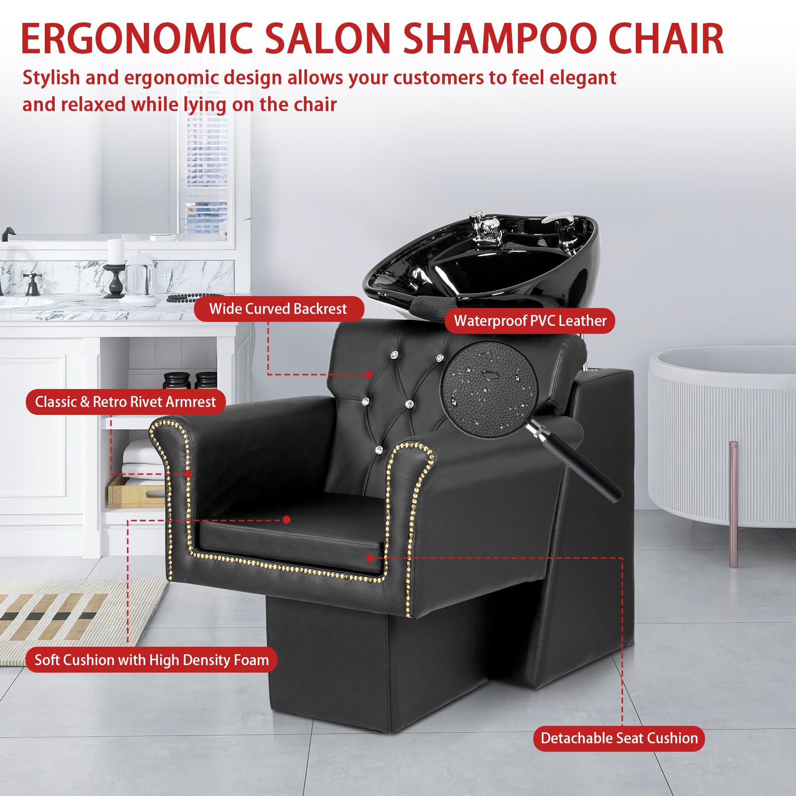 OmySalon BUPH714 Salon Shampoo Backwash Barber Chair Unit with Large Adjustable Ceramic Shampoo Bowl & Rivet Armrest