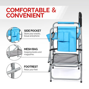 OmySalon 25in Portable Folding Director Chair with Retractable Side Tables & Side Bags