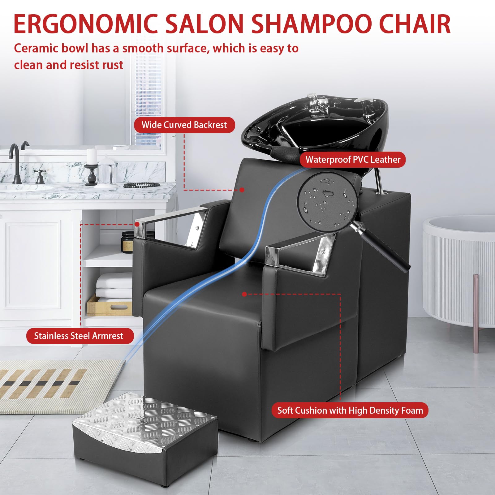 OmySalon BUPH711 Salon Shampoo Bowl and Chair Backwash Unit with Stainless Steel Armrest & Freestanding Ottoman