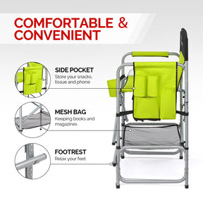 OmySalon 25in Portable Folding Director Chair with Retractable Side Tables & Side Bags