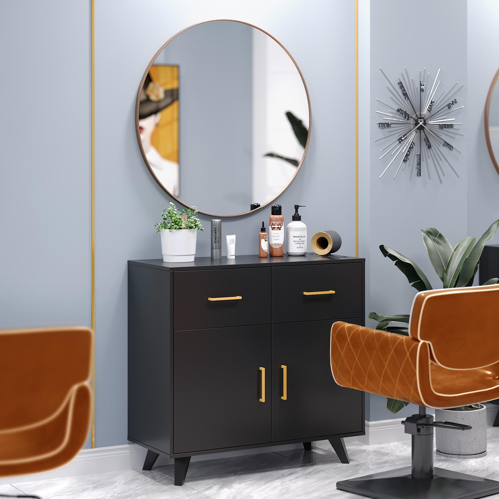 OmySalon HSCRM Salon Styling Storage Station w/Round Mirror & 2 Drawers 1 Cabinet 3 Hair Dryer Holders