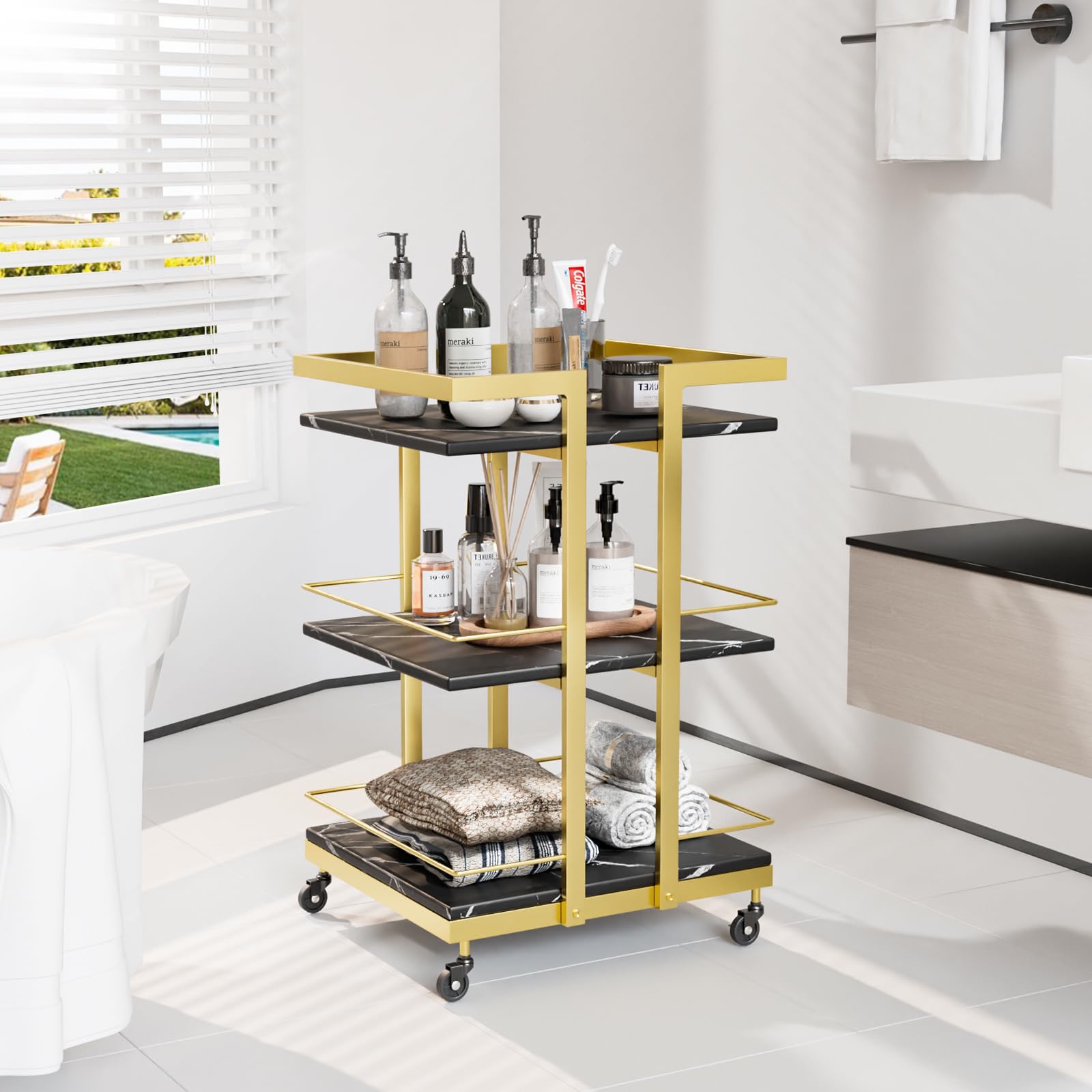 OmySalon ST1501 Rolling Esthetician Trolley Cart w/Wheels & 3 Wood Shelves