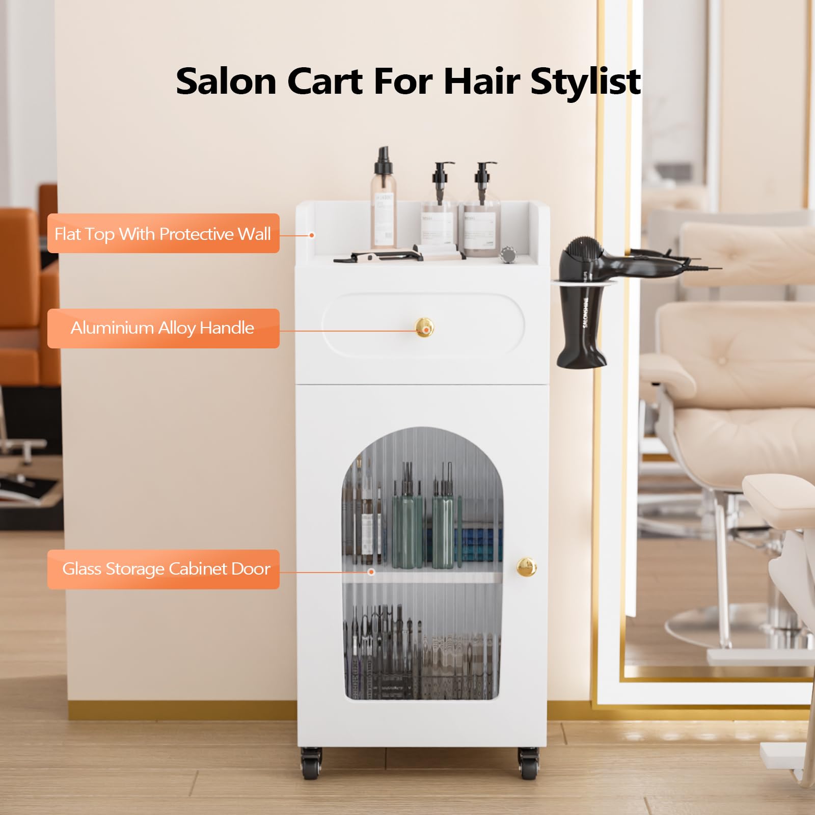 OmySalon WSTC Wooden Mobile Salon Trolley Cart w/Wheels & Glass Door & Dryer Holder