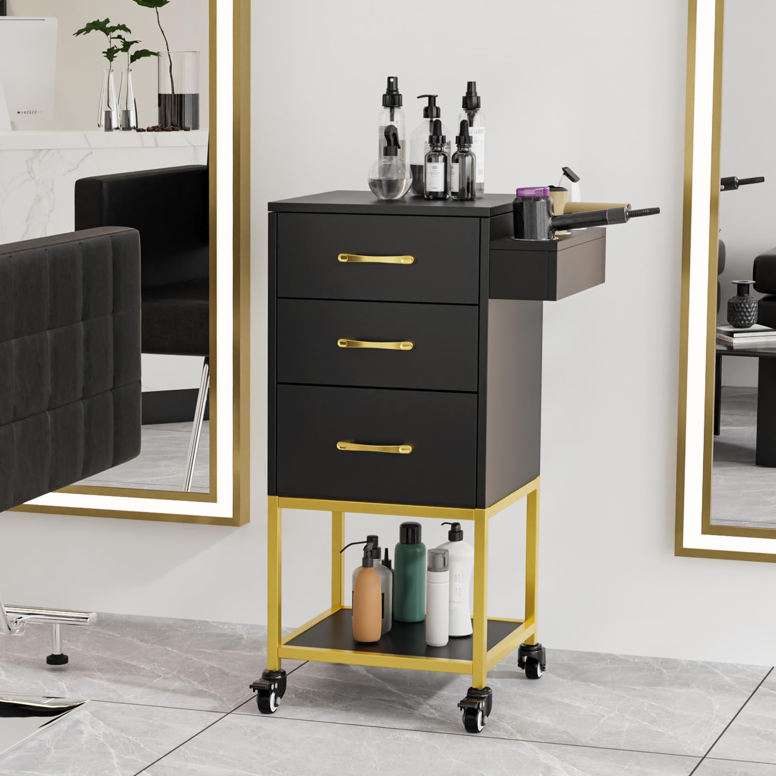 OmySalon ST-2501 Wooden Rolling Storage Trolley Cart w/Wheels & 3 Dreawers 1 Bottom Compartment Plate Hair Dryer Holders