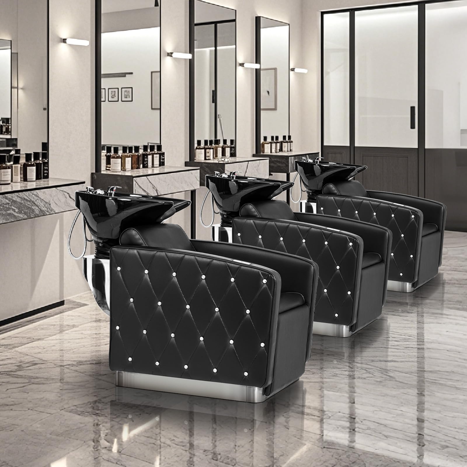 OmySalon BU1801 Electric Shampoo Bowl and Chair Backwash Unit with Reclining Legrest & Tilting Porcelain Shampoo Sink