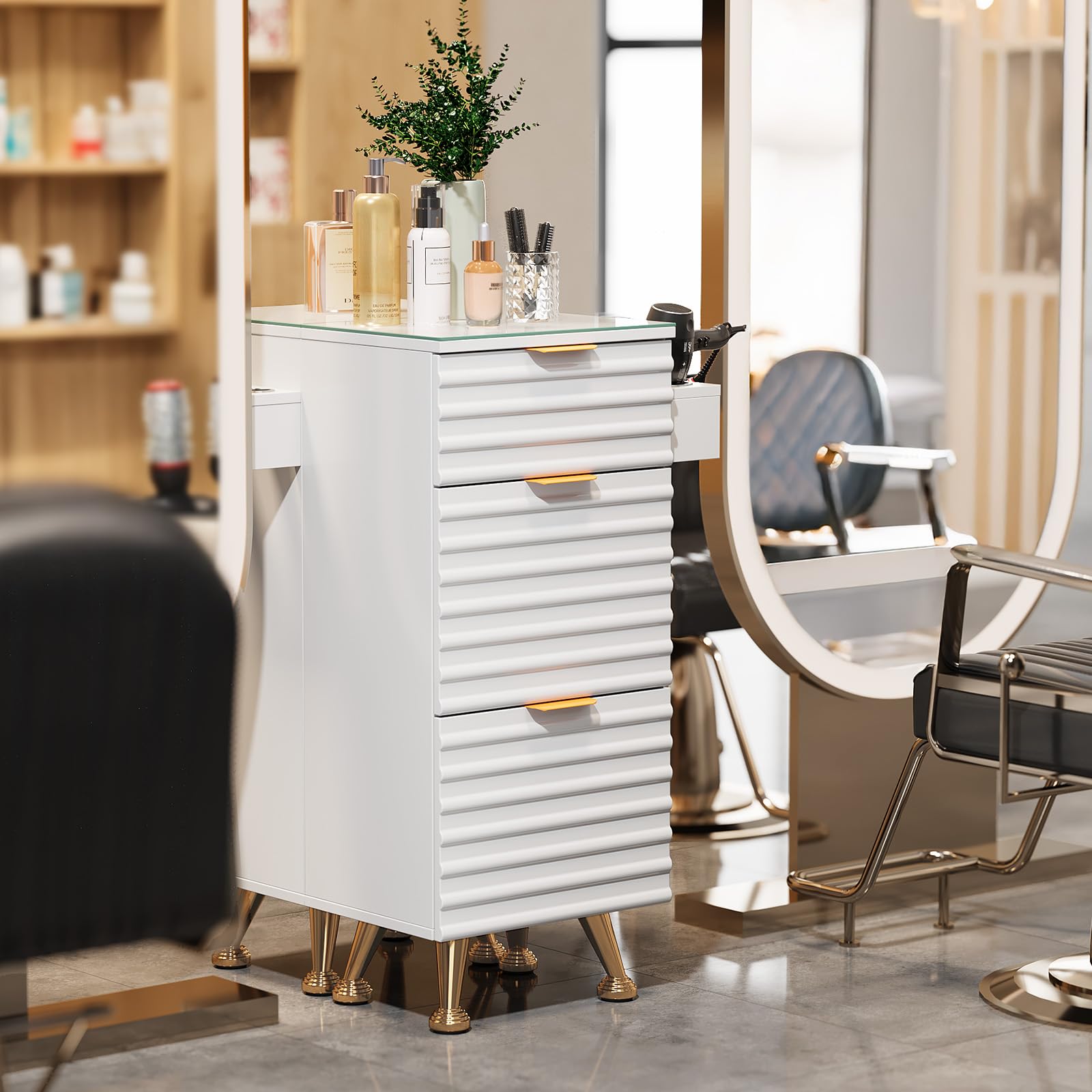 OmySalon WSCTD Salon Styling Storage Station w/Removable Glass Top & 3 Drawers 3 Hot Tool Holders