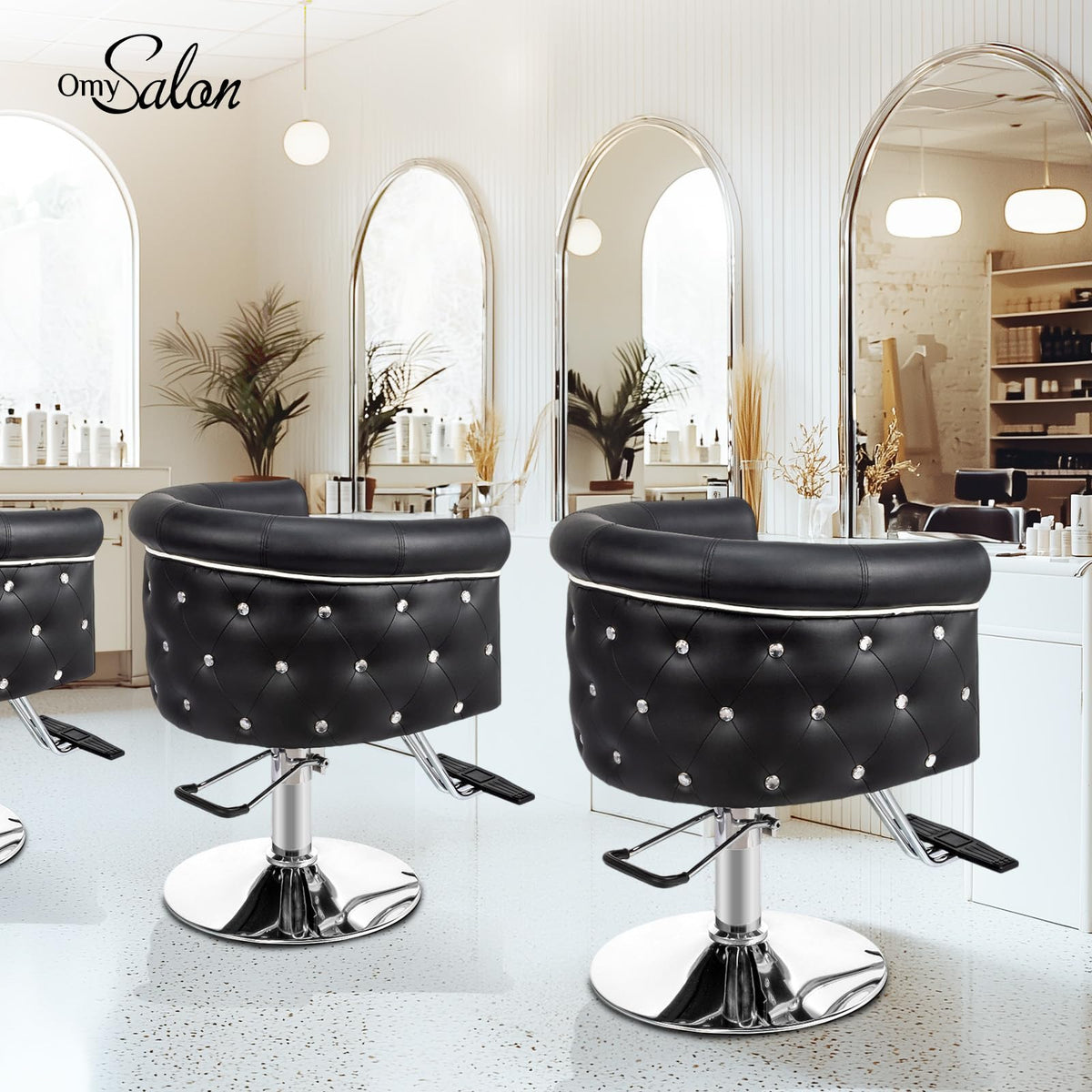 OmySalon SC3101 Modern Heavy Duty Hydraulic Swivel Hair Stylist Salon Chair w/Curved Backrest and Acrylic Button Accents