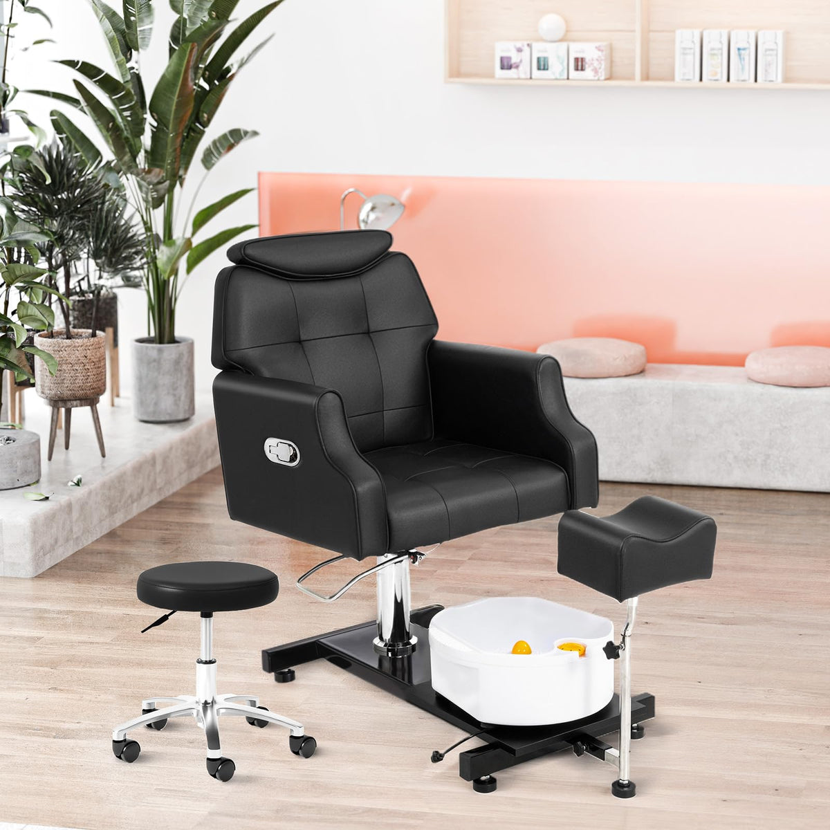 OmySalon PCM-WB 360° Rotation Hydraulic Pedicure Chair with Bubble Massage Foot Bath & Rolling Stool