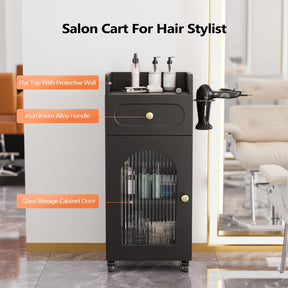 OmySalon WSTC Wooden Mobile Salon Trolley Cart w/Wheels & Glass Door & Dryer Holder