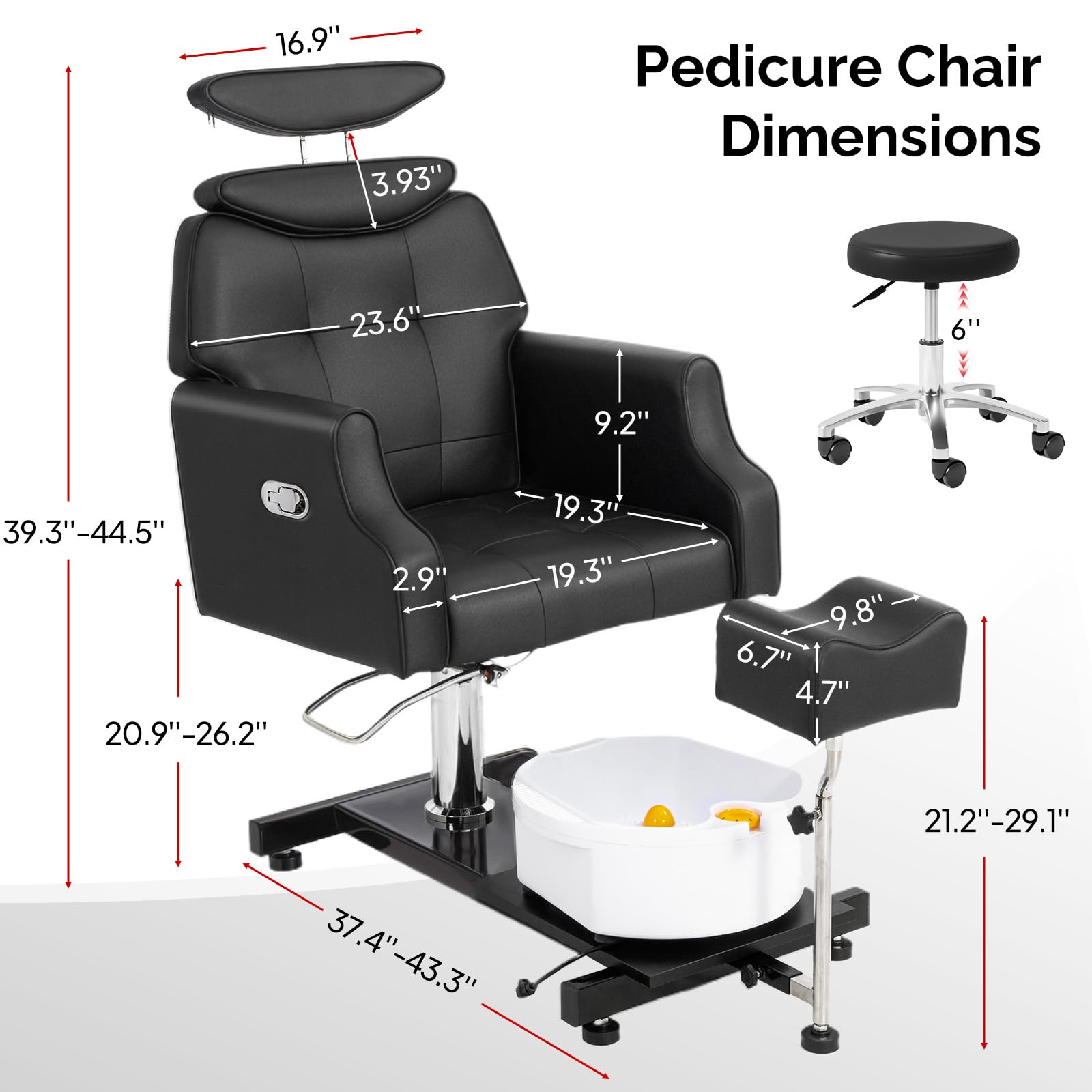 OmySalon PCM-WB 360° Rotation Hydraulic Pedicure Chair with Bubble Massage Foot Bath & Rolling Stool