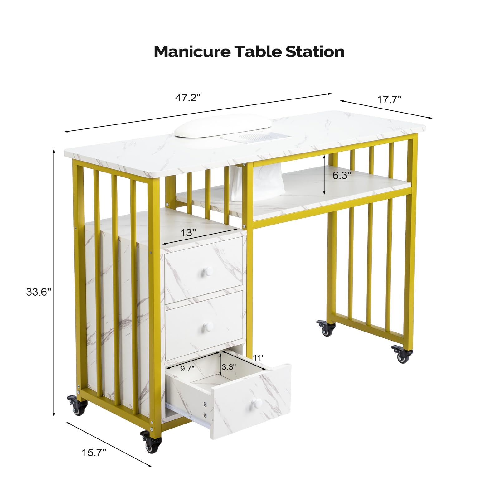 OmySalon MTDC Marbling Texture Manicure Table w/Electric Dust Collector & 2-Tier Desktop 3 Drawers