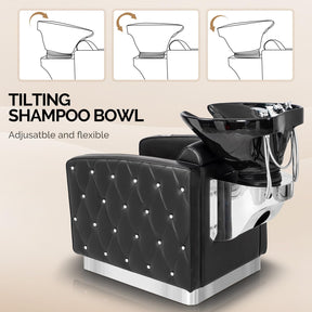 OmySalon BU1801 Electric Shampoo Bowl and Chair Backwash Unit with Reclining Legrest & Tilting Porcelain Shampoo Sink