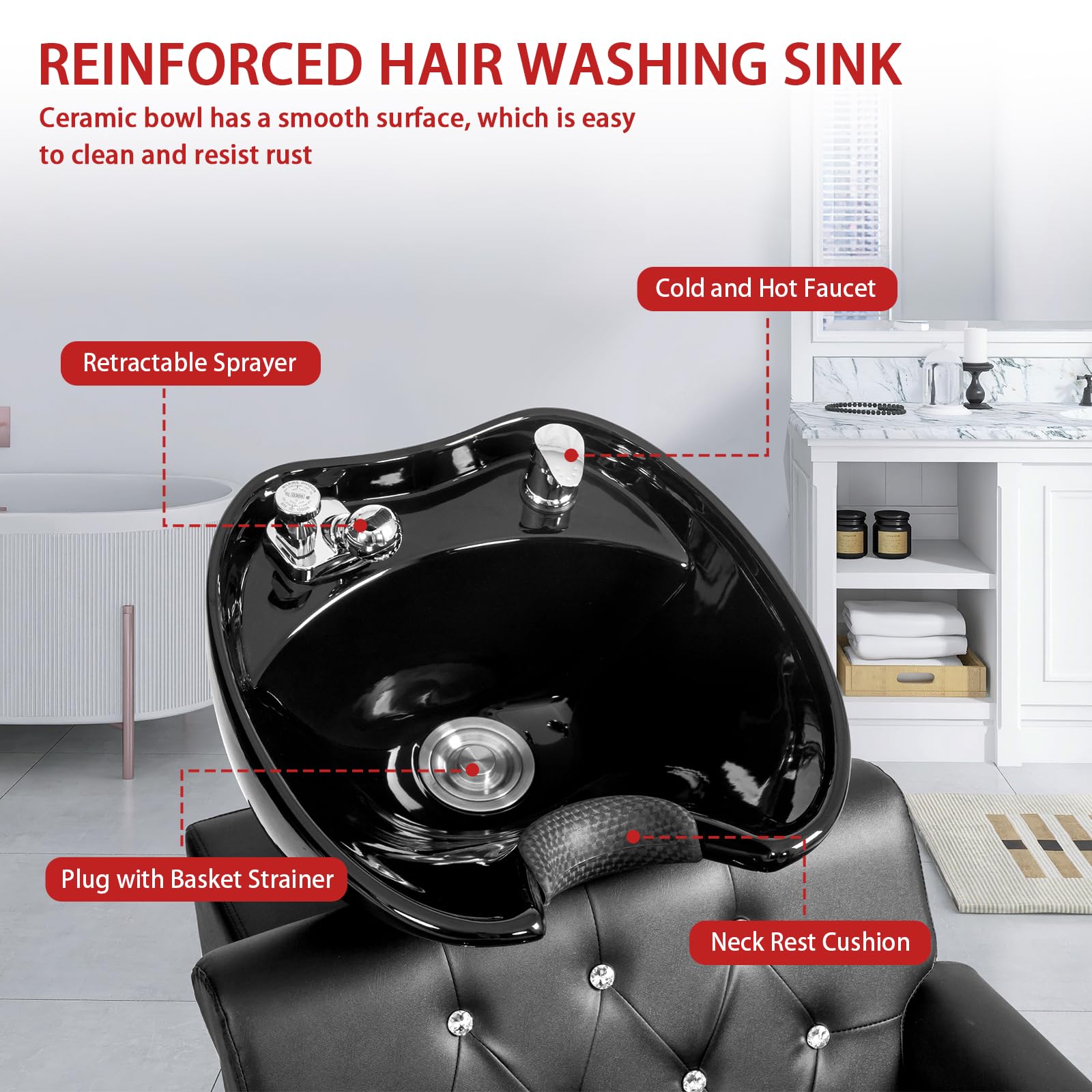 OmySalon BUPH714 Salon Shampoo Backwash Barber Chair Unit with Large Adjustable Ceramic Shampoo Bowl & Rivet Armrest