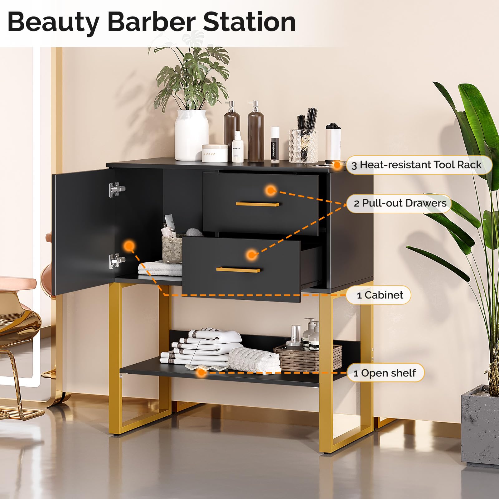 OmySalon HSCOC Salon Styling Storage Station w/2 Drawers 1 Cabinet 1 Open Shelf 3 Hair Dryer Holders