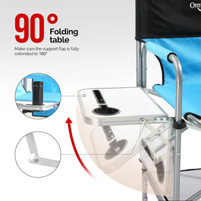 OmySalon 25in Portable Folding Director Chair with Retractable Side Tables & Side Bags