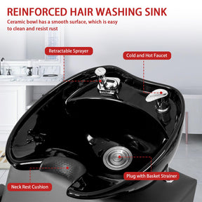 OmySalon BUPH711 Salon Shampoo Bowl and Chair Backwash Unit with Stainless Steel Armrest & Freestanding Ottoman