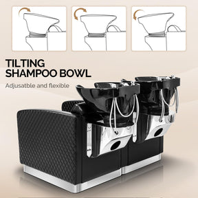 OmySalon BU1911 2-Seater Shampoo Bowl and Chair Backwash Unit with 2 Large Ceramic Sinks & Stainless Steel Base