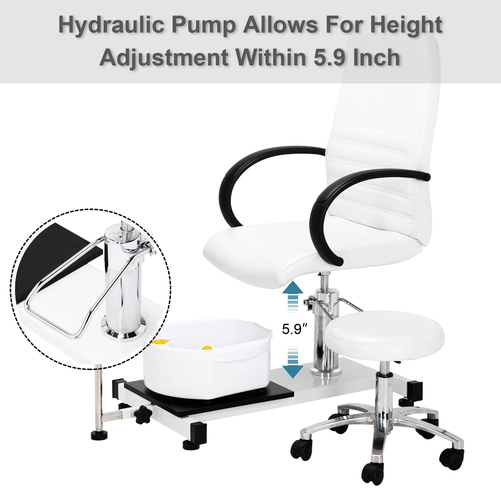 OmySalon PUS-01 Hydraulic Pedicure Chair with Adjustable Foot Rest & Bubble Massage Foot Bath & Rolling Stool