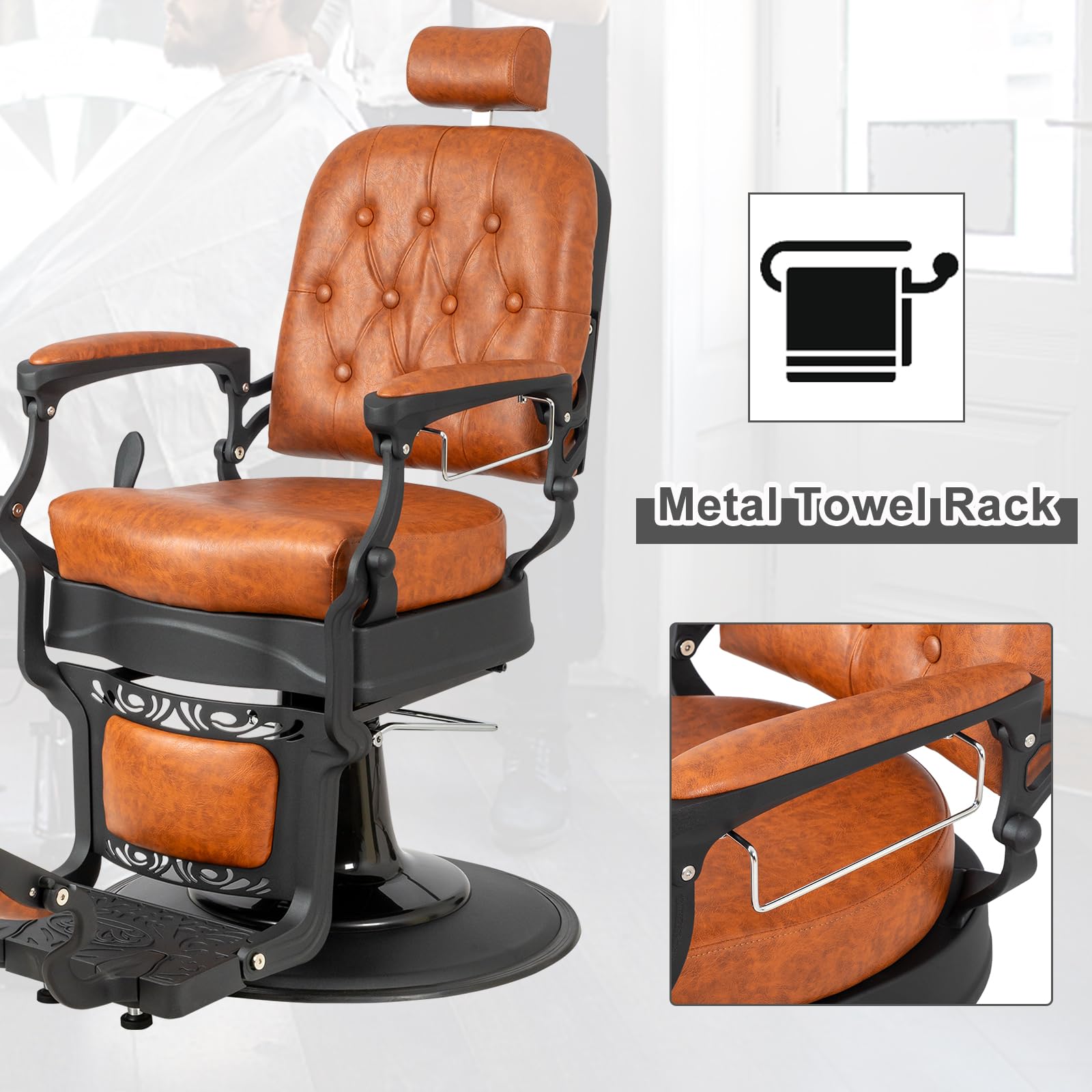 OmySalon PH701 Vintage Style Heavy Duty Hydraulic Recline Square Backrest Barber Chair