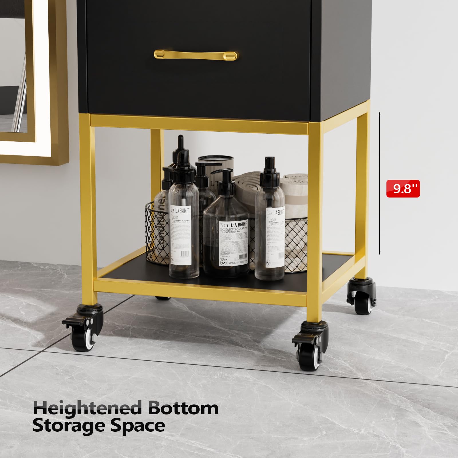 OmySalon ST-2501 Wooden Rolling Storage Trolley Cart w/Wheels & 3 Dreawers 1 Bottom Compartment Plate Hair Dryer Holders