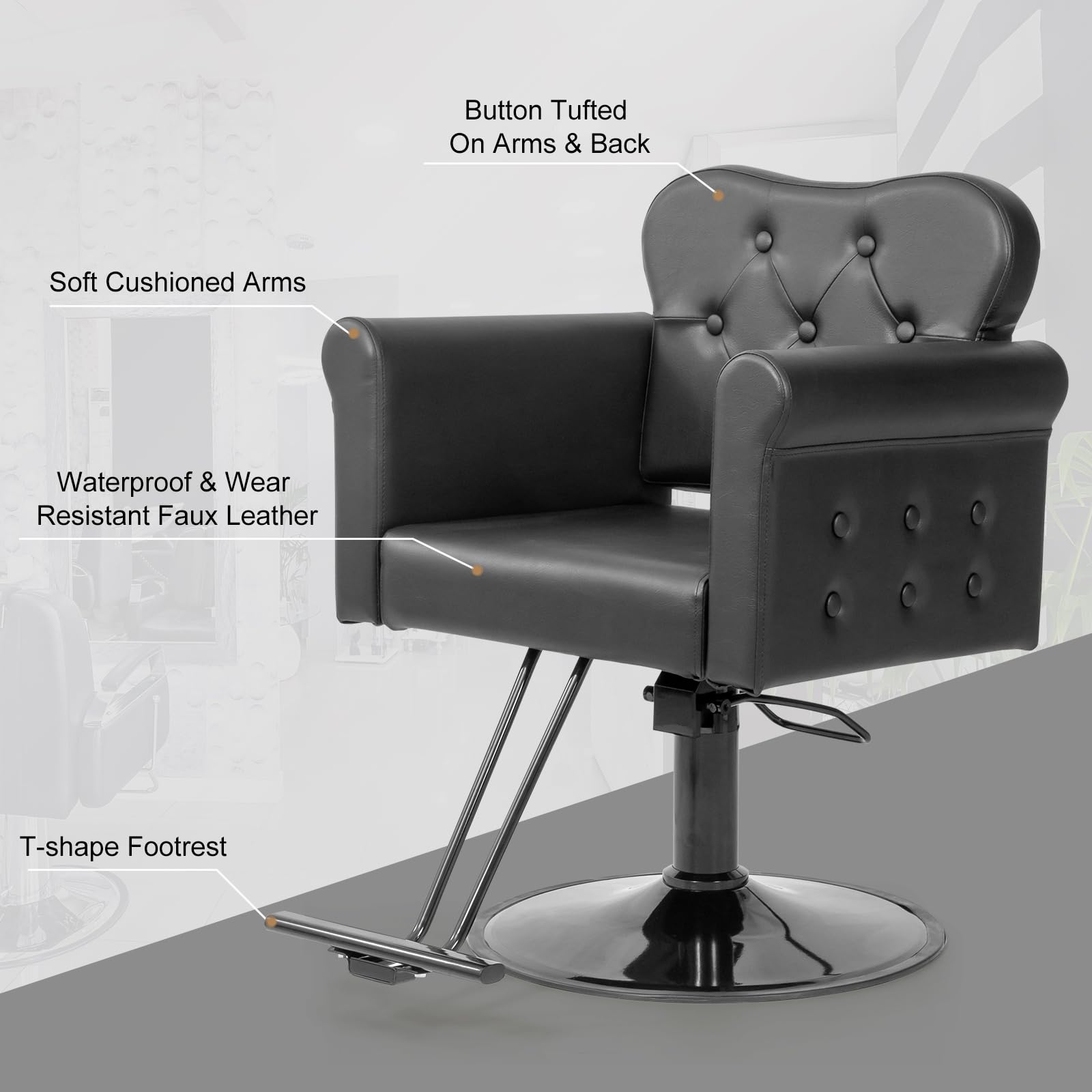 OmySalon SC2701 Heavy Duty Hydraulic Swivel Hair Stylist Salon Chair w/Button Tufting and Curved Backrest