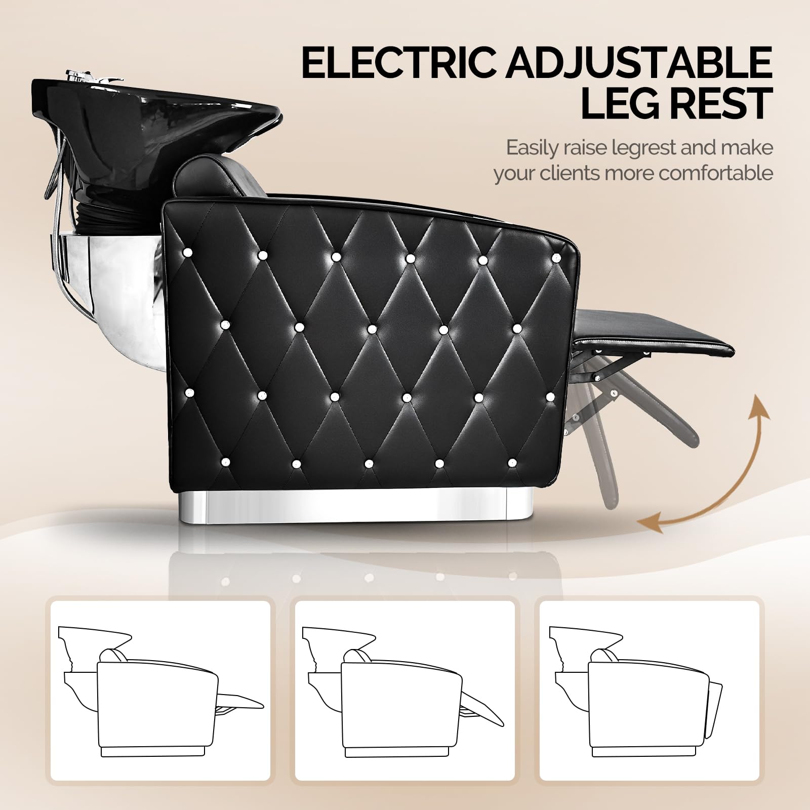 OmySalon BU1801 Electric Shampoo Bowl and Chair Backwash Unit with Reclining Legrest & Tilting Porcelain Shampoo Sink