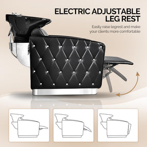 OmySalon BU1801 Electric Shampoo Bowl and Chair Backwash Unit with Reclining Legrest & Tilting Porcelain Shampoo Sink