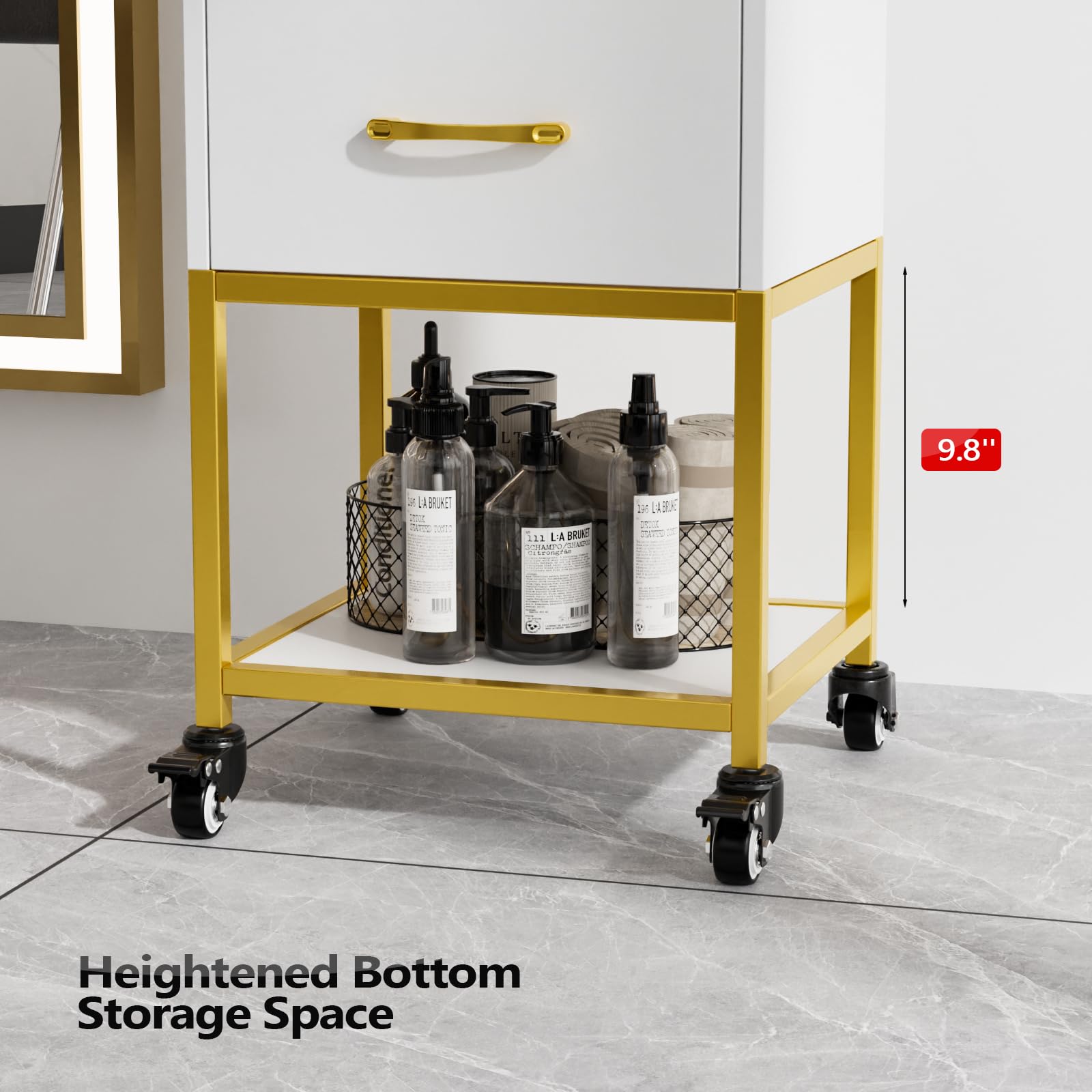 OmySalon ST-2501 Wooden Rolling Storage Trolley Cart w/Wheels & 3 Dreawers 1 Bottom Compartment Plate Hair Dryer Holders