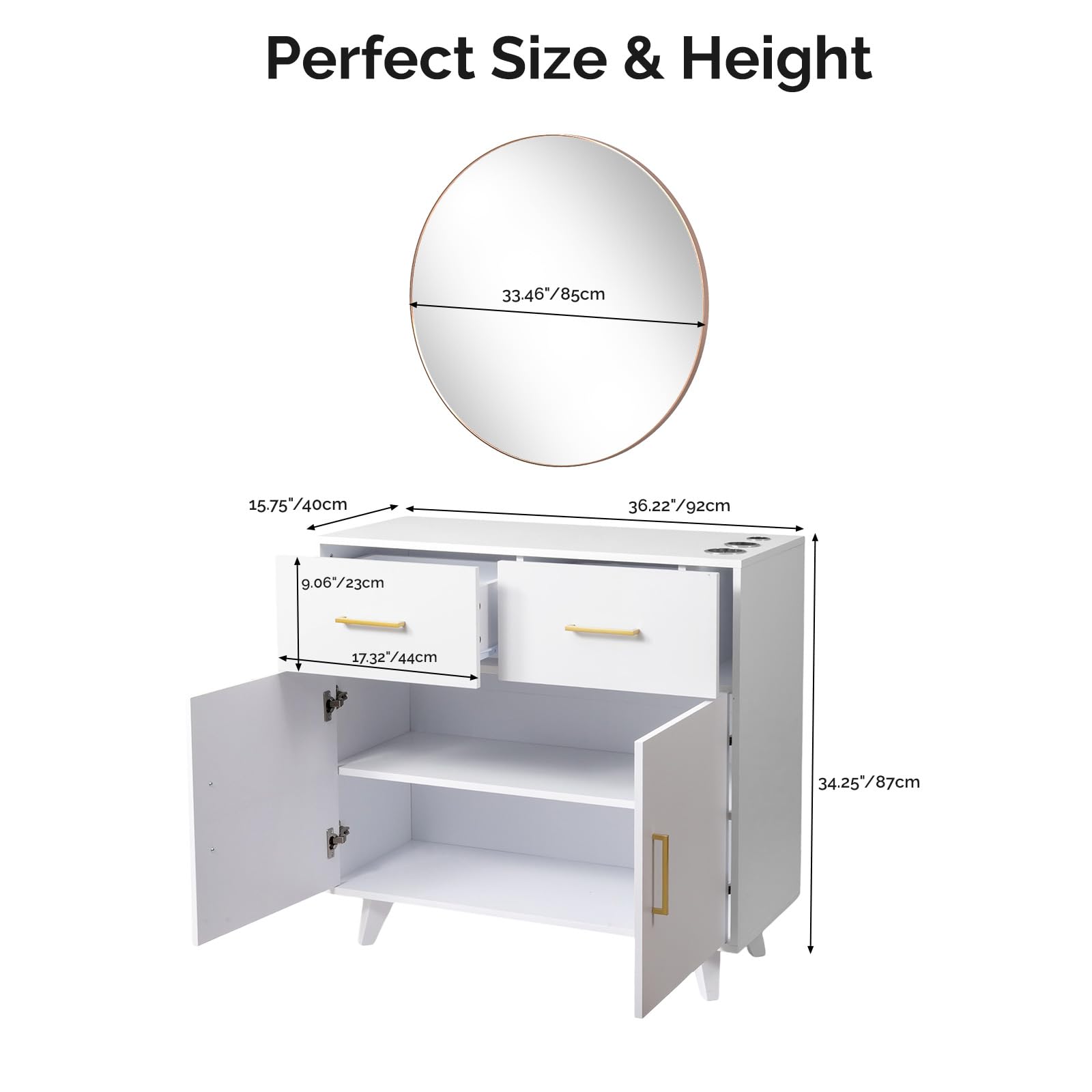 OmySalon HSCRM Salon Styling Storage Station w/Round Mirror & 2 Drawers 1 Cabinet 3 Hair Dryer Holders