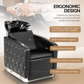 OmySalon BU1801 Electric Shampoo Bowl and Chair Backwash Unit with Reclining Legrest & Tilting Porcelain Shampoo Sink